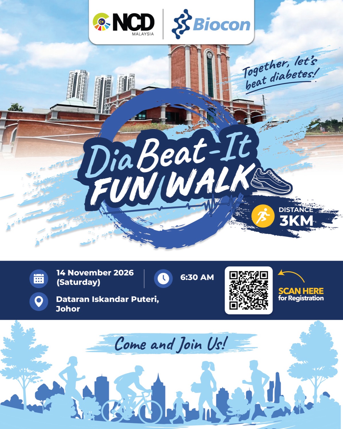 Dia-Beat-It Fun Walk 2026 poster, 14 November 2026, 6:30 AM, Dataran Iskandar Puteri, Johor
