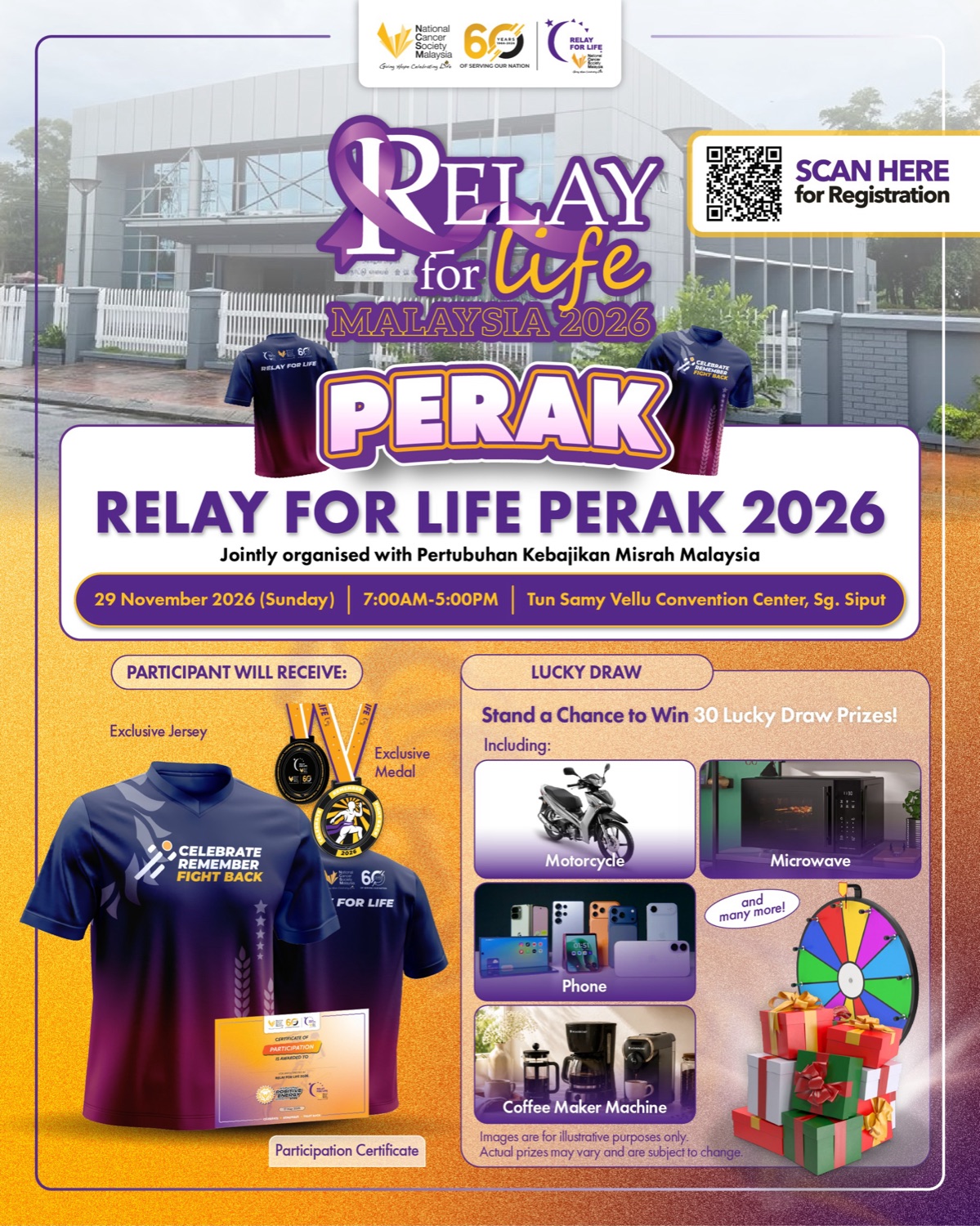 Relay For Life Perak 2026 poster, 29 November 2026, Tun Samy Vellu Convention Centre, Sungai Siput